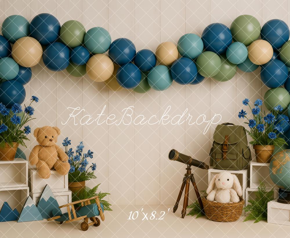 Kate Cake Smash Abenteuer Teleskop Teddy Luftballon Hintergrund Entworfen von Patty Robert - Kate Backdrop.de
