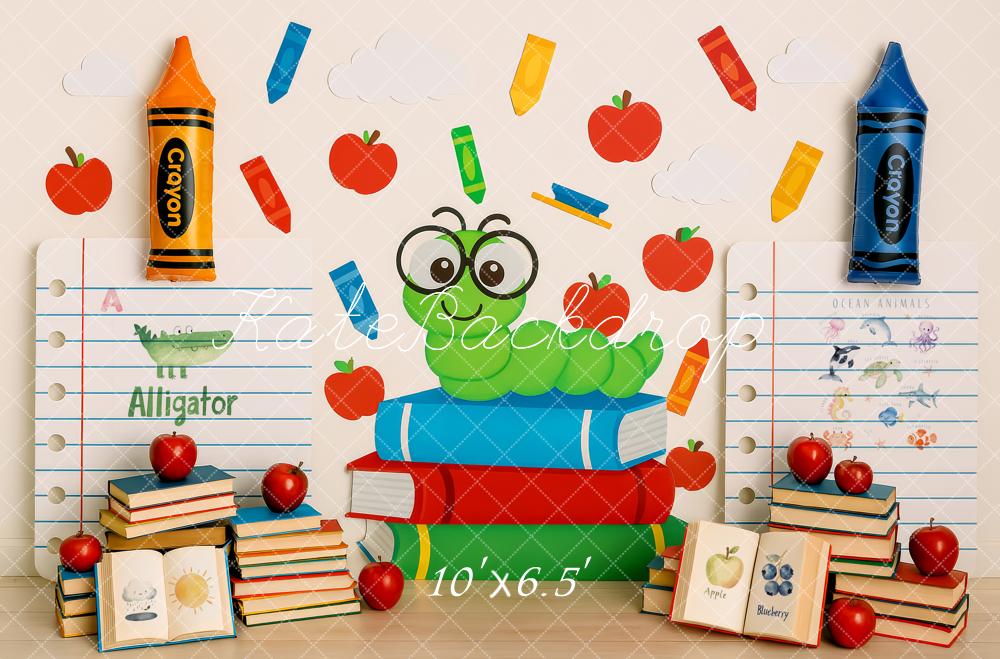 ⚡Flash Sale-Kate Zurück zu Schule Bücher Wurm Buntstifte Hintergrund - Kate Backdrop.de
