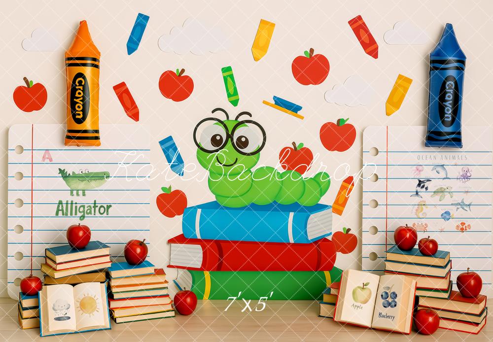 ⚡Flash Sale-Kate Zurück zu Schule Bücher Wurm Buntstifte Hintergrund - Kate Backdrop.de