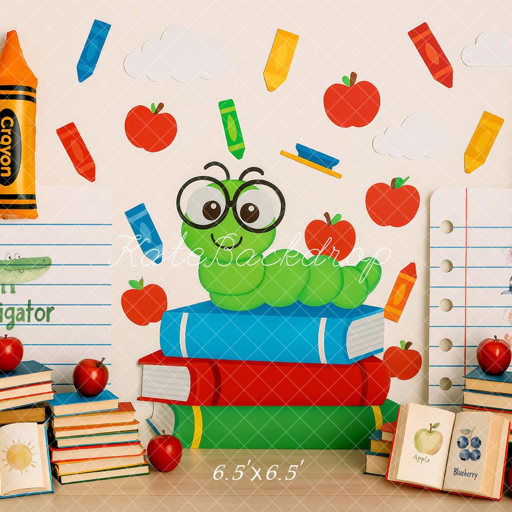 ⚡Flash Sale-Kate Zurück zu Schule Bücher Wurm Buntstifte Hintergrund - Kate Backdrop.de