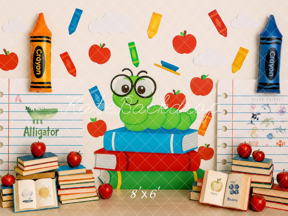 ⚡Flash Sale-Kate Zurück zu Schule Bücher Wurm Buntstifte Hintergrund - Kate Backdrop.de