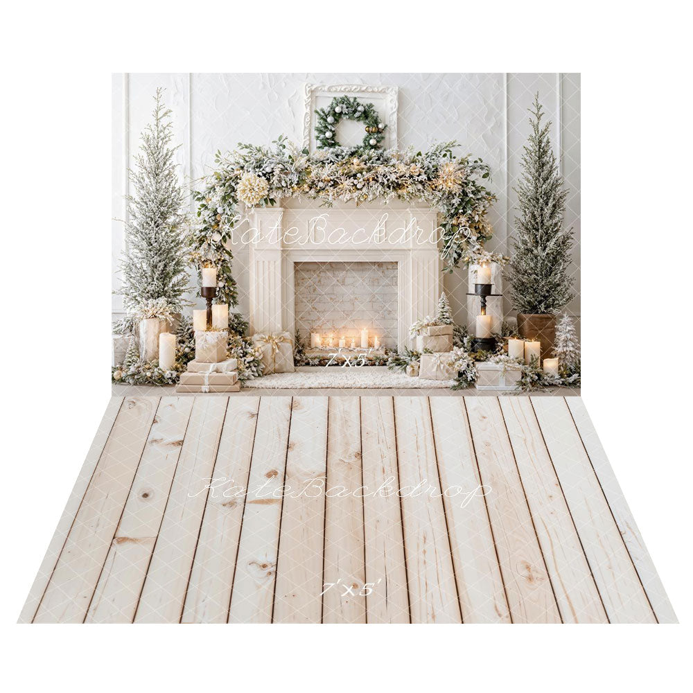 ⚡Blitzangebote #1-Kate Weihnachten Weiß Kamin Girlande Kerzen Hintergrund+Weißer Holzboden Hintergrund - Kate Backdrop.de