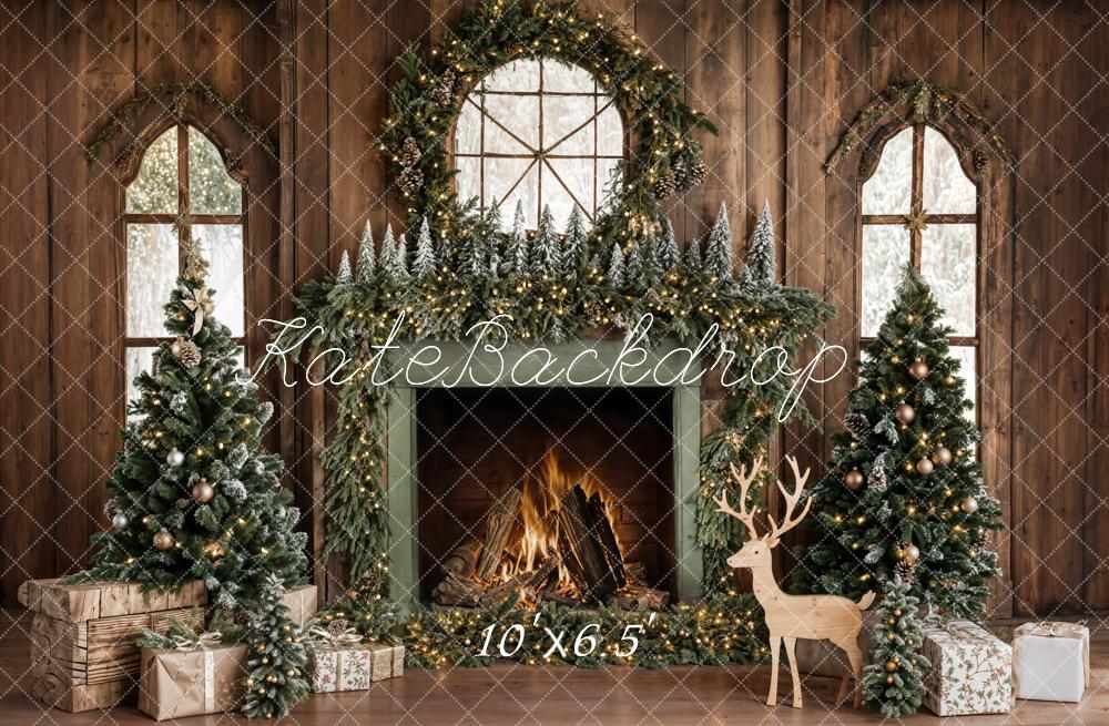 ⚡Blitzangebote #1-Kate Weihnachten Baum Holzkamin Kranz Hirsch Hintergrund - Kate Backdrop.de