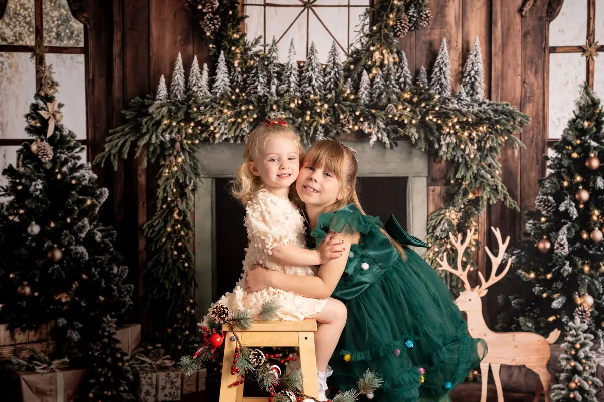 Kate Weihnachten Baum Holzkamin Kranz Hirsch Hintergrund+Holz Brauner Boden Hintergrund - Kate Backdrop.de