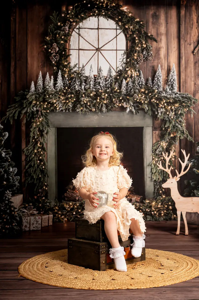 Kate Weihnachten Baum Holzkamin Kranz Hirsch Hintergrund+Holz Brauner Boden Hintergrund - Kate Backdrop.de