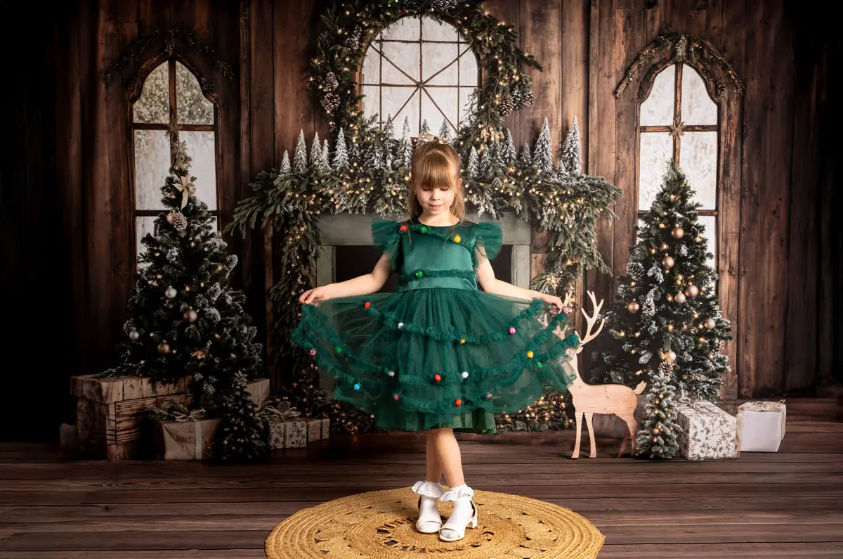Kate Weihnachten Baum Holzkamin Kranz Hirsch Hintergrund+Holz Brauner Boden Hintergrund - Kate Backdrop.de