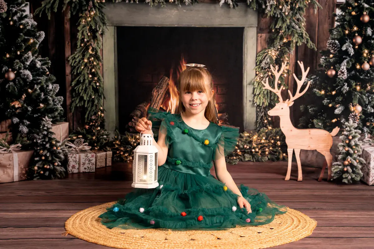 Kate Weihnachten Baum Holzkamin Kranz Hirsch Hintergrund+Holz Brauner Boden Hintergrund - Kate Backdrop.de