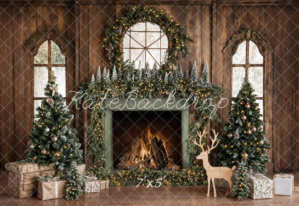 ⚡Blitzangebote #1-Kate Weihnachten Baum Holzkamin Kranz Hirsch Hintergrund - Kate Backdrop.de