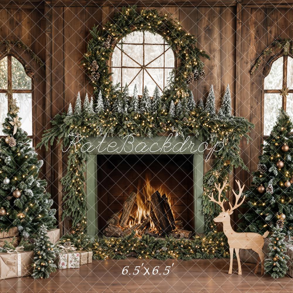 ⚡Blitzangebote #1-Kate Weihnachten Baum Holzkamin Kranz Hirsch Hintergrund - Kate Backdrop.de