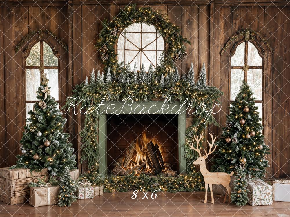 ⚡Blitzangebote #1-Kate Weihnachten Baum Holzkamin Kranz Hirsch Hintergrund - Kate Backdrop.de