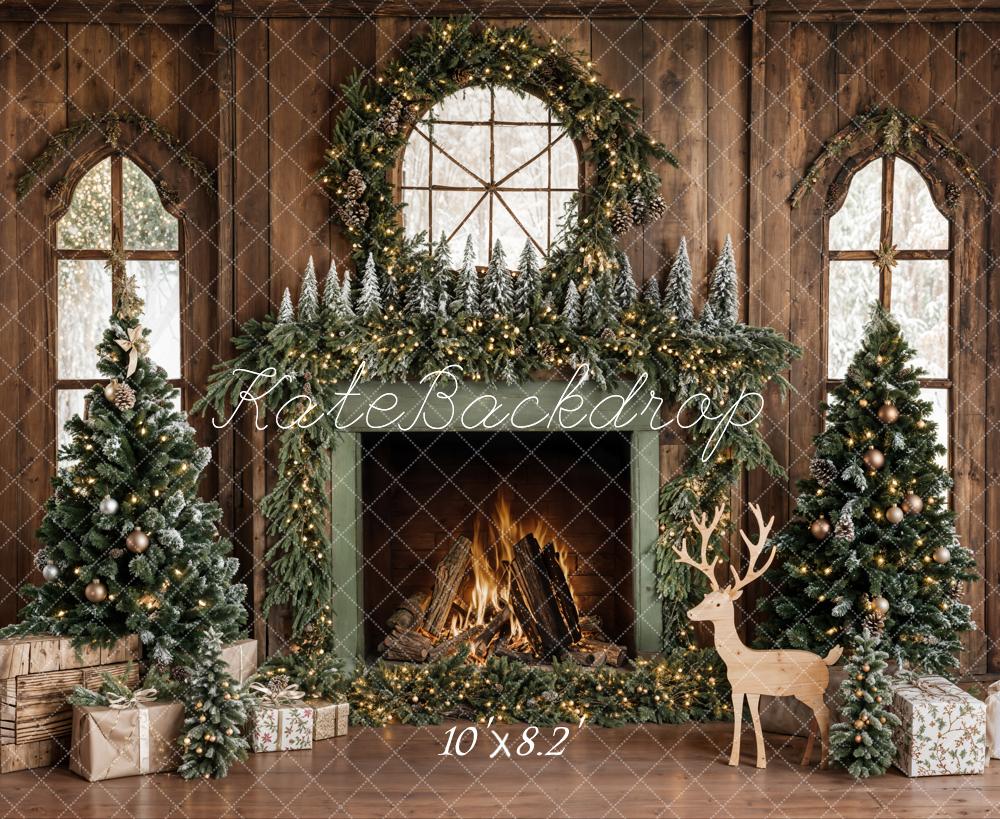 ⚡Blitzangebote #1-Kate Weihnachten Baum Holzkamin Kranz Hirsch Hintergrund - Kate Backdrop.de