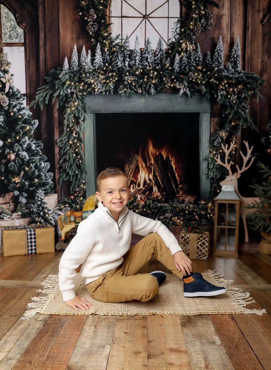 ⚡Blitzangebote #1-Kate Weihnachten Baum Holzkamin Kranz Hirsch Hintergrund - Kate Backdrop.de