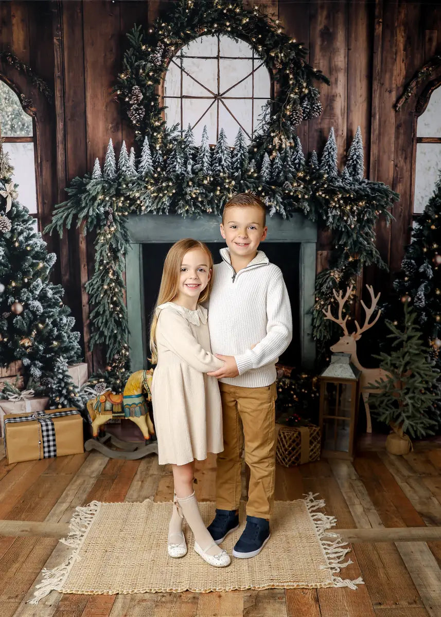 ⚡Blitzangebote #1-Kate Weihnachten Baum Holzkamin Kranz Hirsch Hintergrund - Kate Backdrop.de