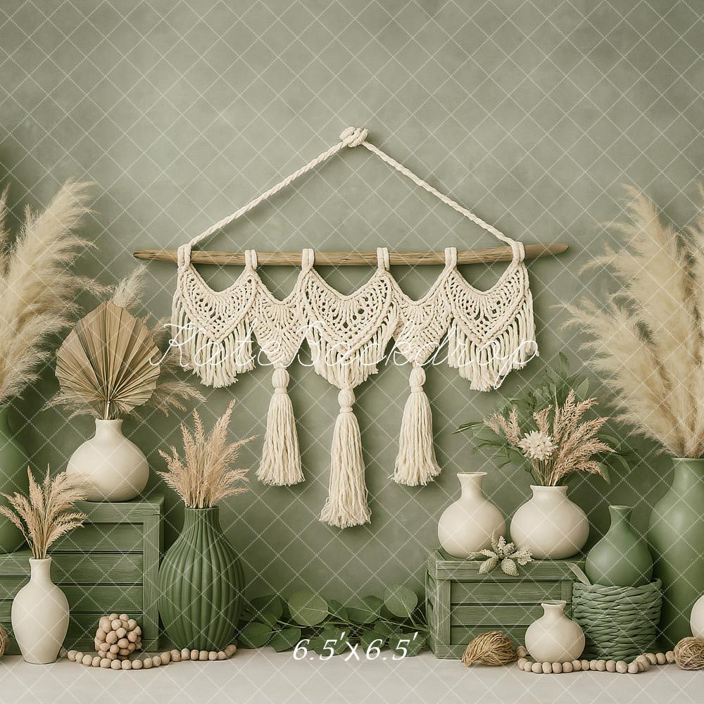 Kate Boho Mini Grün Makramee Vase Hintergrund von Ashley Paul - Kate Backdrop.de
