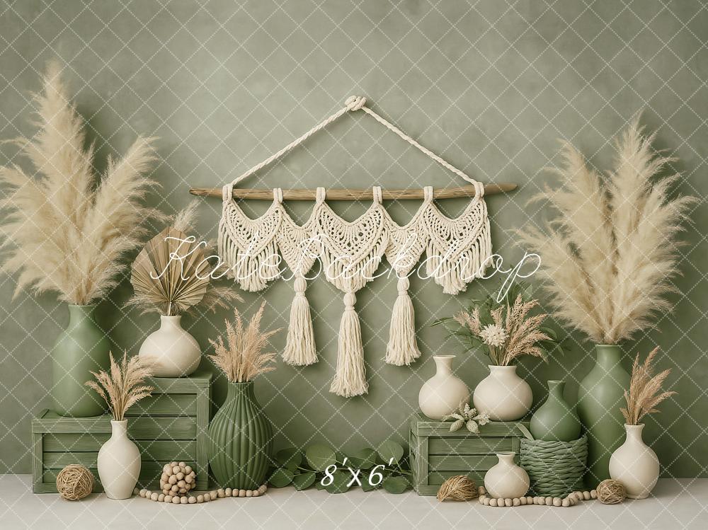 Kate Boho Mini Grün Makramee Vase Hintergrund von Ashley Paul - Kate Backdrop.de