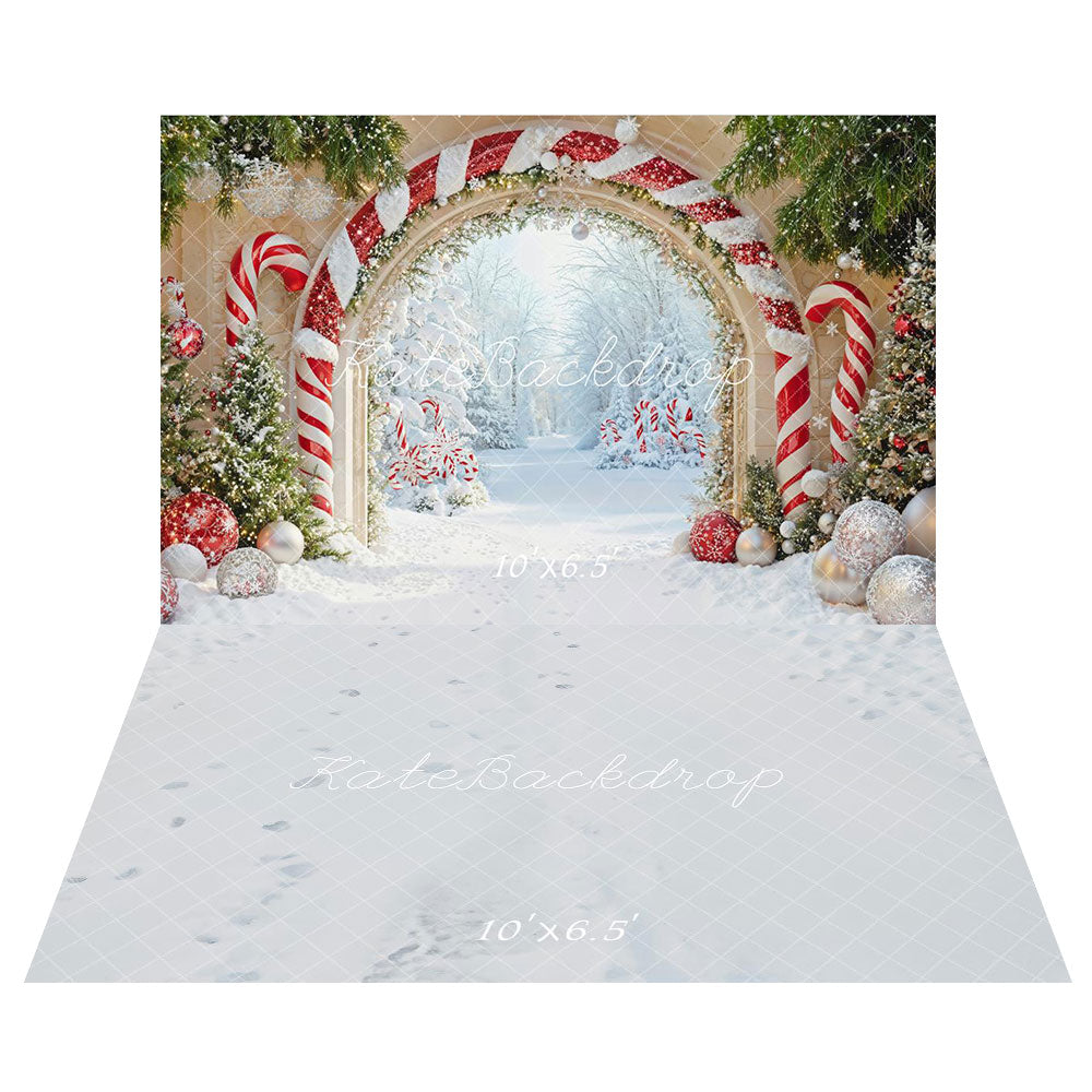 Kate Weihnachten Zuckerstangenbogen-Wunderland Hintergrund+Weißer Schnee Boden Hintergrund - Kate Backdrop.de