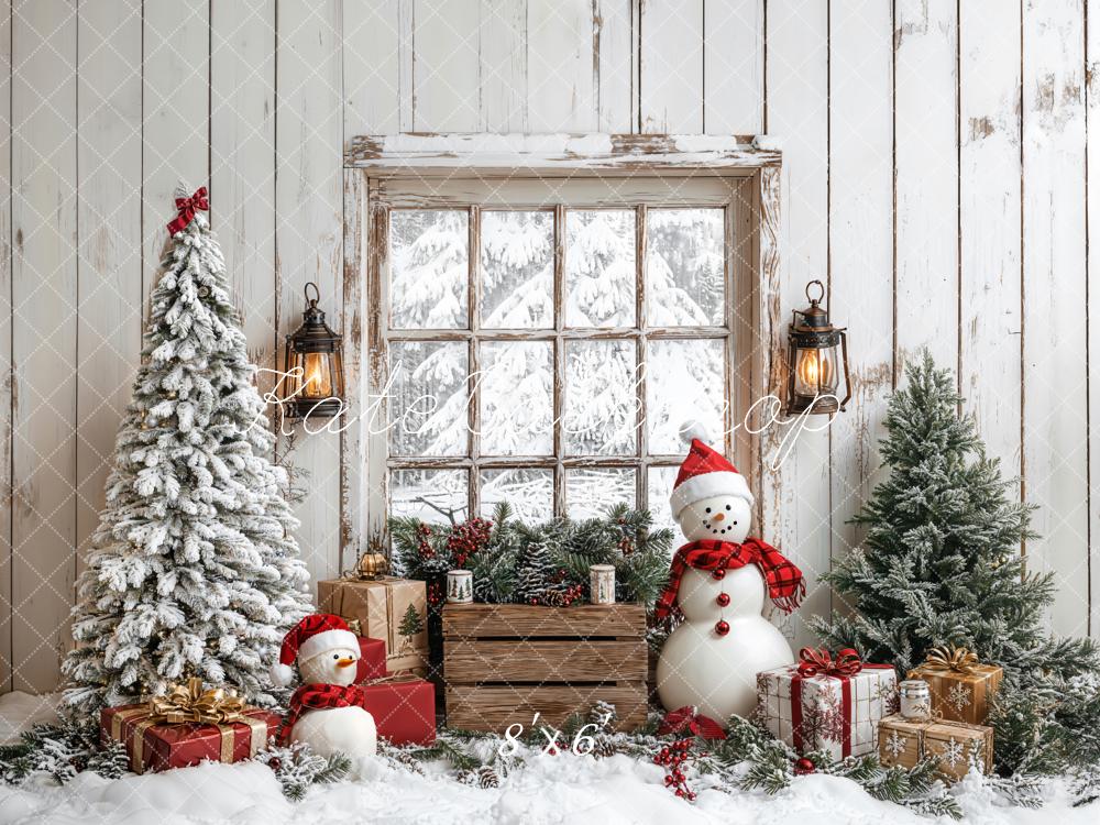 Kate Weihnachten Baum Schneemann Fenster Holz Hintergrund entworfen von Emetselch - Kate Backdrop.de