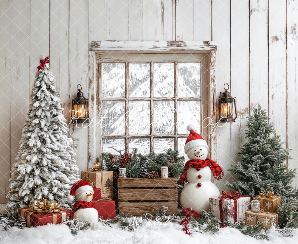 Kate Weihnachten Baum Schneemann Fenster Holz Hintergrund entworfen von Emetselch - Kate Backdrop.de