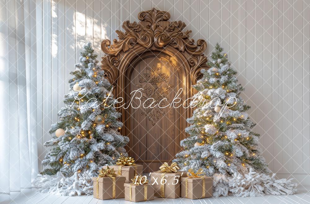 Kate Weihnachten Baum Retro Holz Bogen Tür Geschenke Hintergrund Entworfen von Mini MakeBelieve