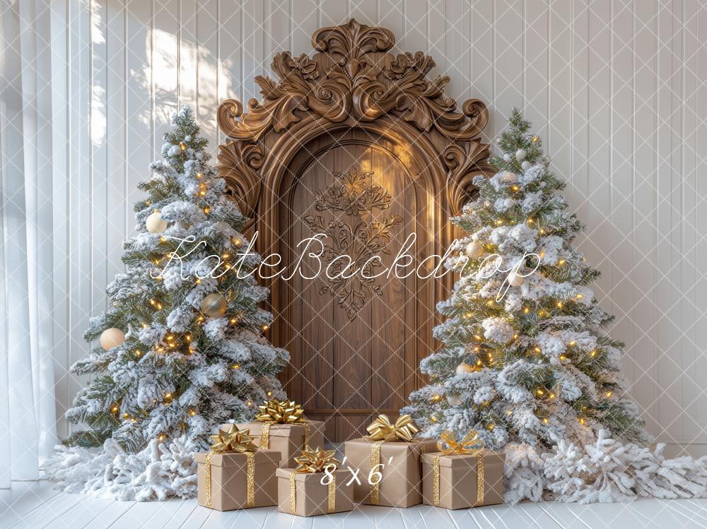 Kate Weihnachten Baum Retro Holz Bogen Tür Geschenke Hintergrund Entworfen von Mini MakeBelieve