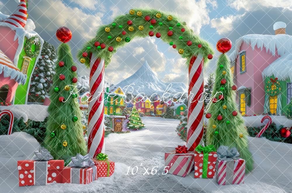 ⚡Blitzangebote #2-Kate Weihnachten im Freien Baum Süßigkeitenland Bogen Dorf Hintergrund - Kate Backdrop.de