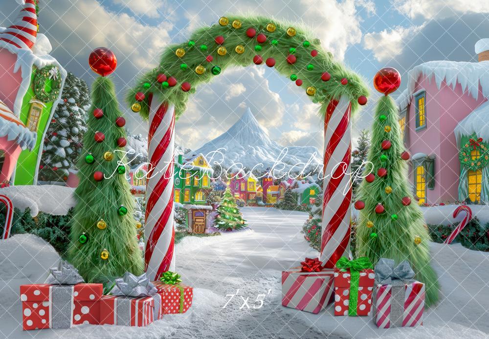 ⚡Blitzangebote #2-Kate Weihnachten im Freien Baum Süßigkeitenland Bogen Dorf Hintergrund - Kate Backdrop.de