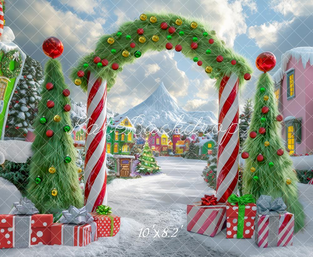 ⚡Blitzangebote #2-Kate Weihnachten im Freien Baum Süßigkeitenland Bogen Dorf Hintergrund - Kate Backdrop.de