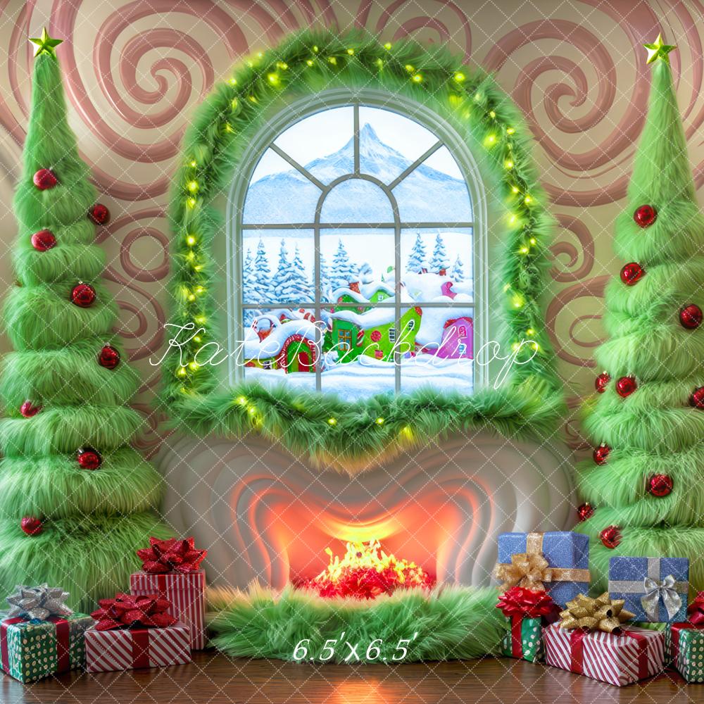 Kate Weihnachten Baum Süßigkeiten Land Fenster Kamin Hintergrund Entworfen von Mini MakeBelieve - Kate Backdrop.de