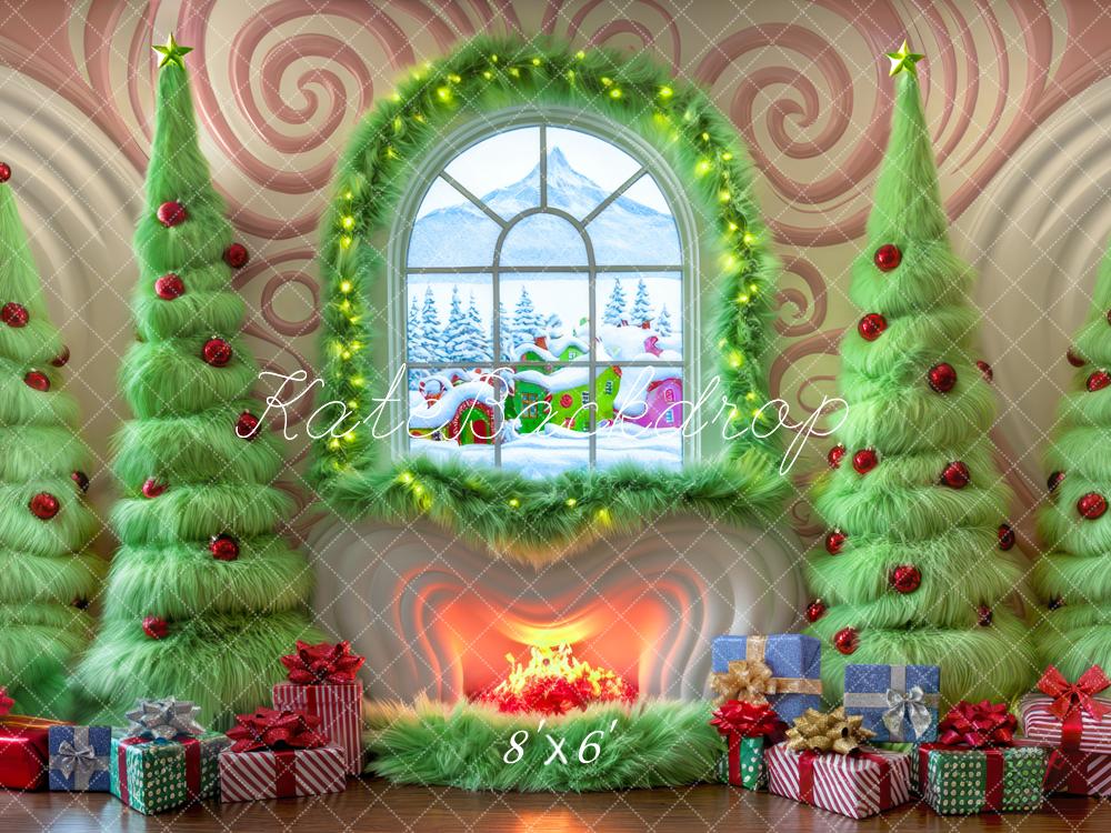 Kate Weihnachten Baum Süßigkeiten Land Fenster Kamin Hintergrund Entworfen von Mini MakeBelieve - Kate Backdrop.de
