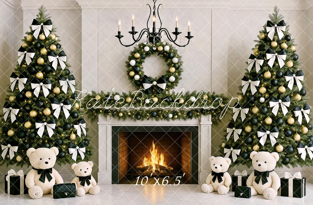 Kate Weihnachten Baum Kamin Teddybär Bogen Hintergrund von Ashley Paul - Kate Backdrop.de