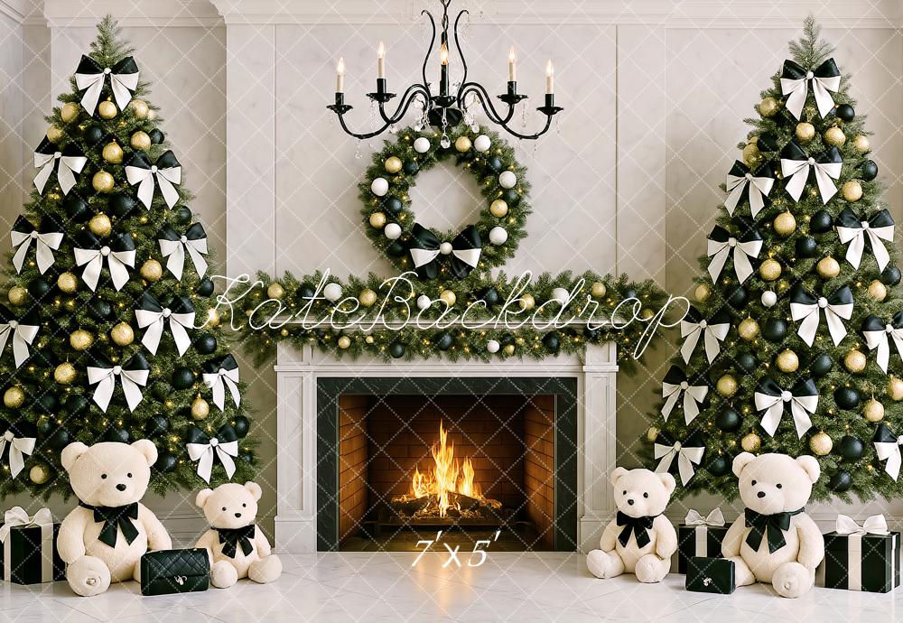 Kate Weihnachten Baum Kamin Teddybär Bogen Hintergrund von Ashley Paul - Kate Backdrop.de
