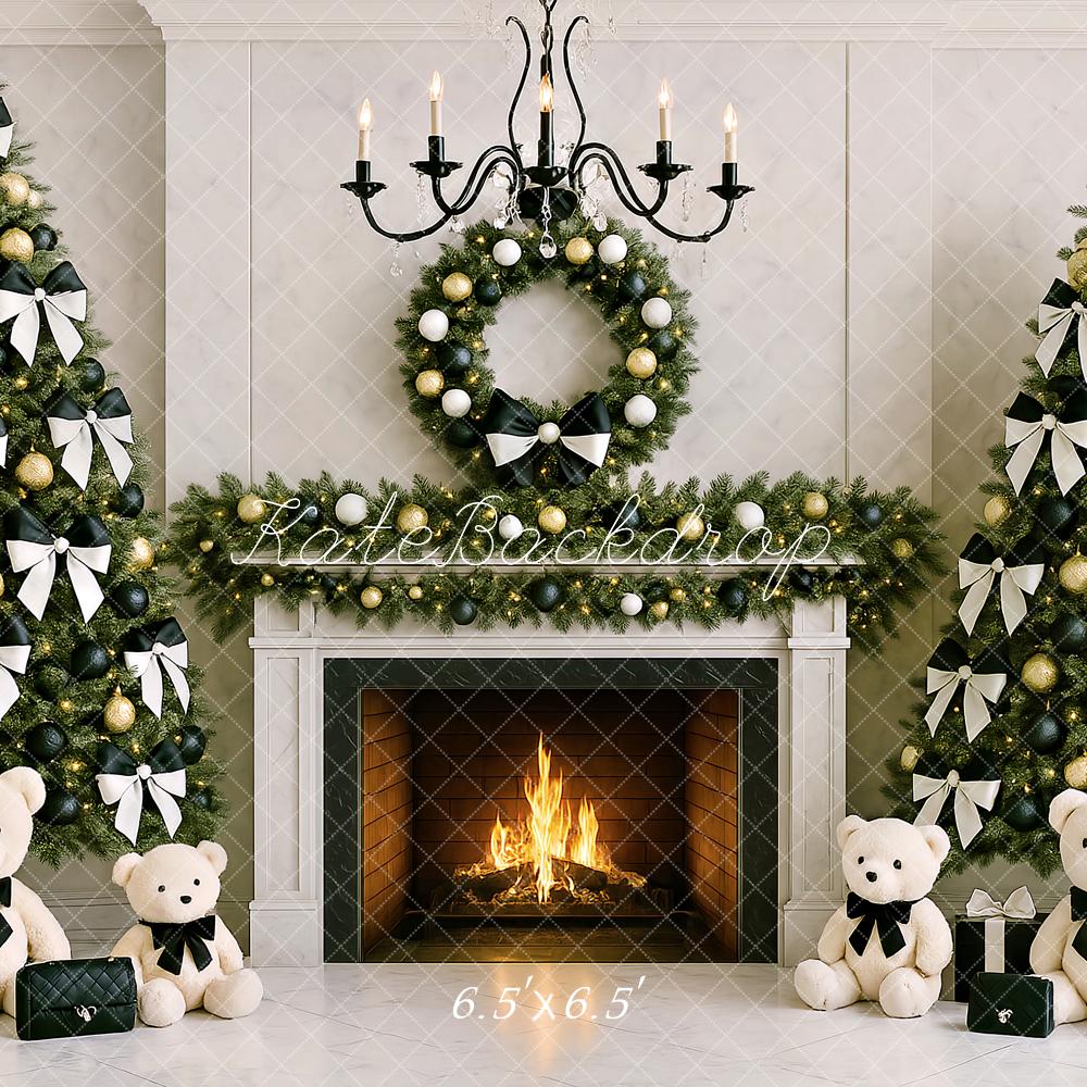 Kate Weihnachten Baum Kamin Teddybär Bogen Hintergrund von Ashley Paul - Kate Backdrop.de