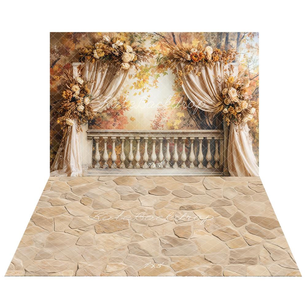 Kate Herbst Retro Blumen Bogen Vorhang Hintergrund+Beige Steintextur Boden Hintergrund - Kate Backdrop.de