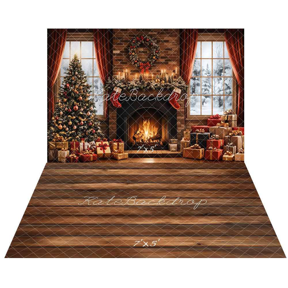 Kate Weihnachten Baum Kamin Geschenke Fenster Hintergrund+Braun Holzboden Hintergrund - Kate Backdrop.de