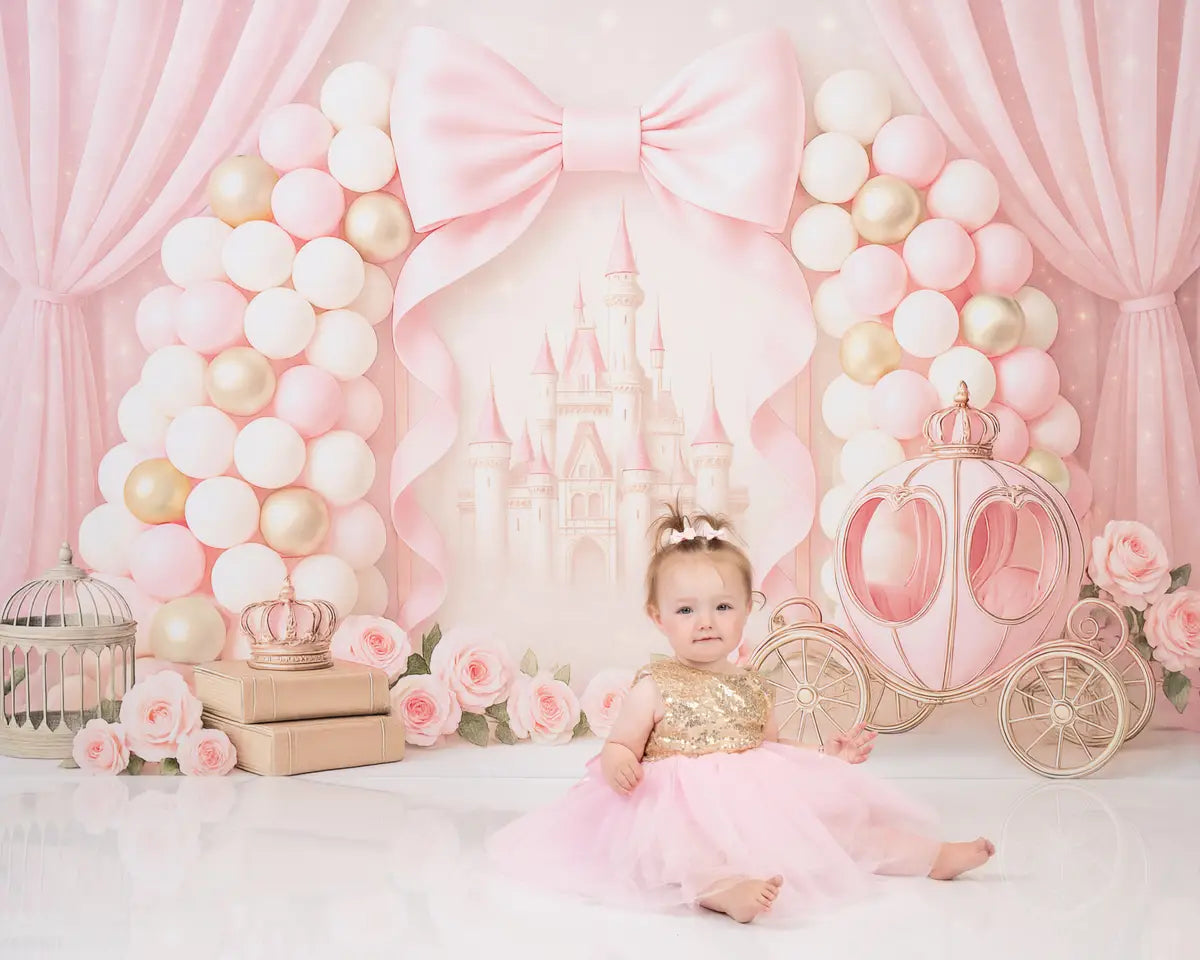 Kate Prinzessin Schloss Ballons Rosa Hintergrund Entworfen von Ashley Paul - Kate Backdrop.de