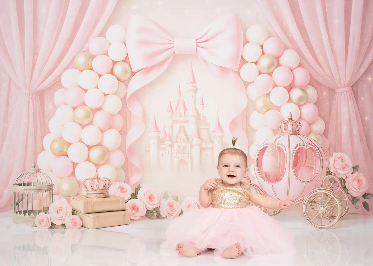 Kate Prinzessin Schloss Ballons Rosa Hintergrund Entworfen von Ashley Paul - Kate Backdrop.de