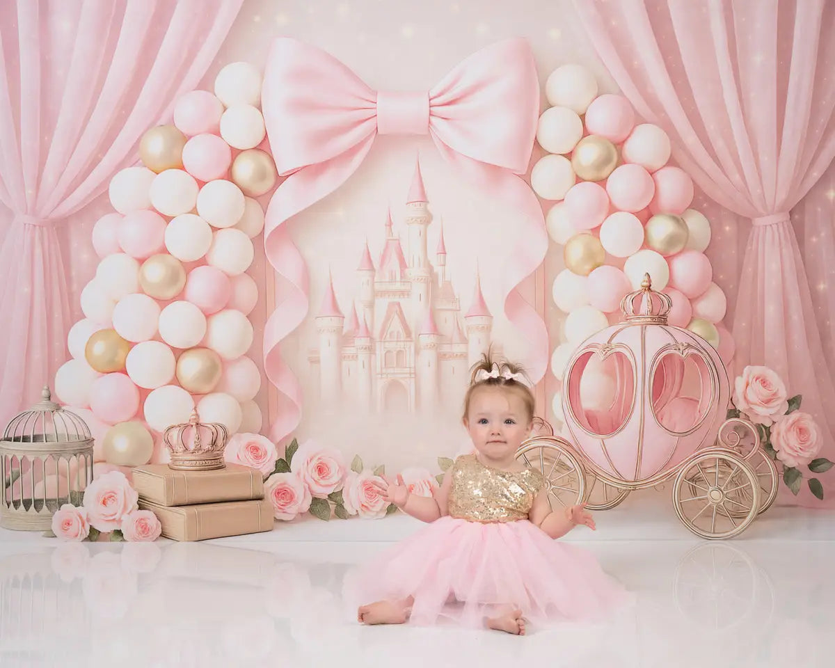 Kate Prinzessin Schloss Ballons Rosa Hintergrund Entworfen von Ashley Paul - Kate Backdrop.de