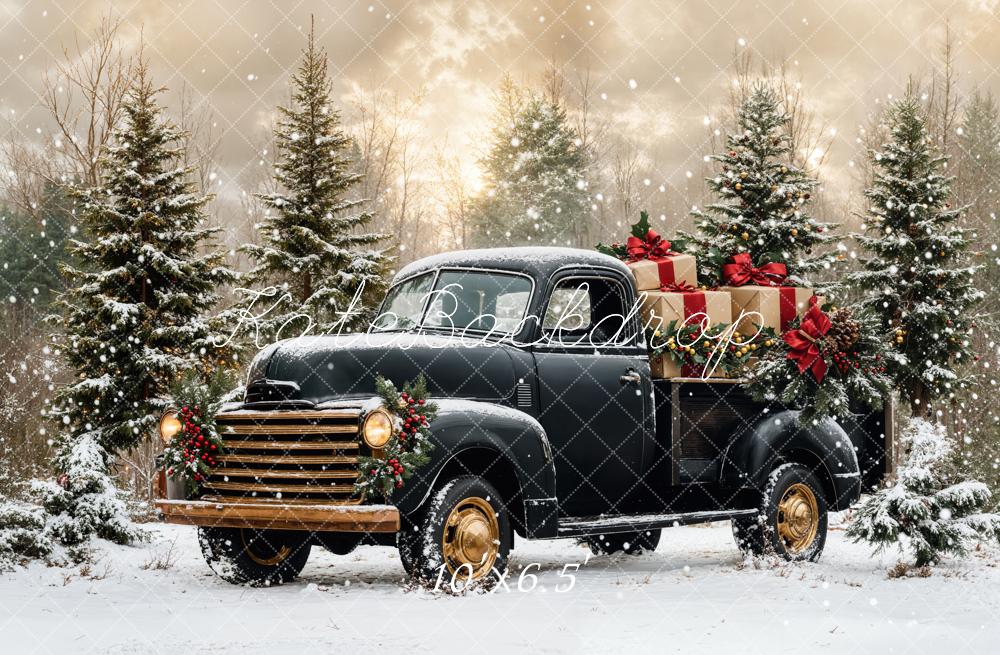 ⚡Blitzangebote #1-Kate Weihnachten Schwarzer LKW Verschneiter Wald Hintergrund - Kate Backdrop.de