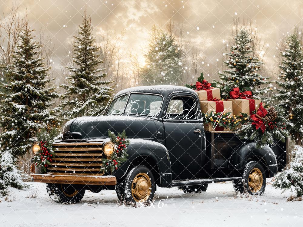 ⚡Blitzangebote #1-Kate Weihnachten Schwarzer LKW Verschneiter Wald Hintergrund - Kate Backdrop.de