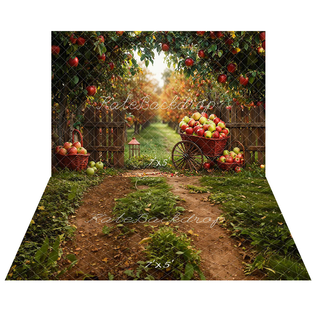 Kate Herbst Apfel Obstgarten Warenkorb Ernte Hintergrund+Waldweg Grüner Grasboden Hintergrund - Kate Backdrop.de