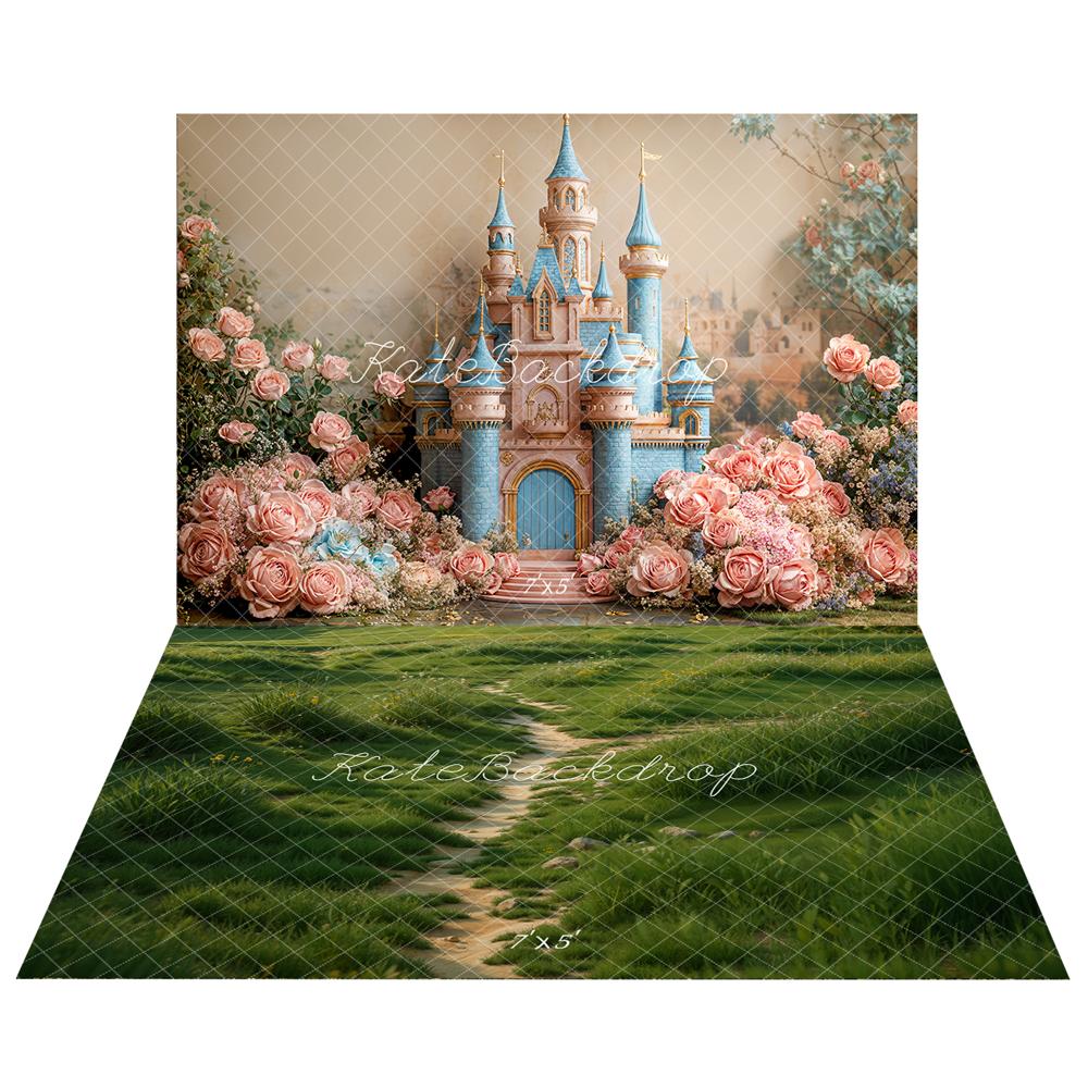 Kate Feige Traumschloss Blumen Hintergrund+Frühling üppiges Gras Weg Boden Hintergrund - Kate Backdrop.de