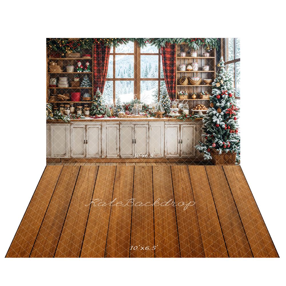 ⚡Blitzangebote #1-Kate Weihnachten Rustikale Küche Hintergrund+Braune Holzdiele Rustikaler Boden Hintergrund - Kate Backdrop.de