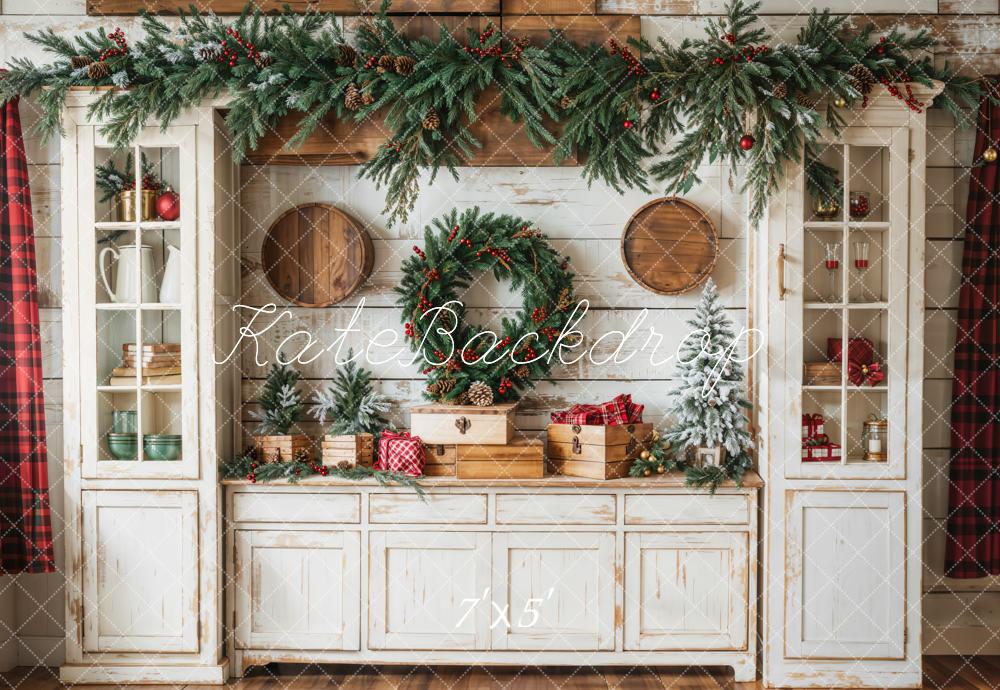 ⚡Blitzangebote #1-Kate Weihnachten Kranz Rustikal Weiß Kabinett Hintergrund - Kate Backdrop.de