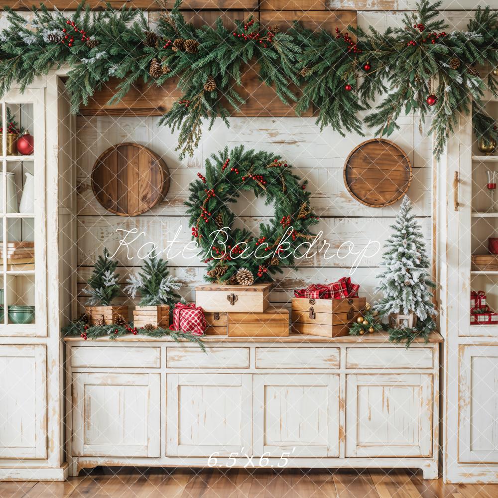 ⚡Blitzangebote #1-Kate Weihnachten Kranz Rustikal Weiß Kabinett Hintergrund - Kate Backdrop.de