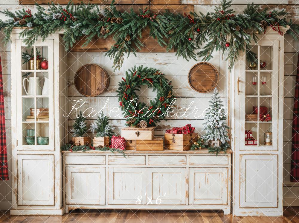 ⚡Blitzangebote #1-Kate Weihnachten Kranz Rustikal Weiß Kabinett Hintergrund - Kate Backdrop.de