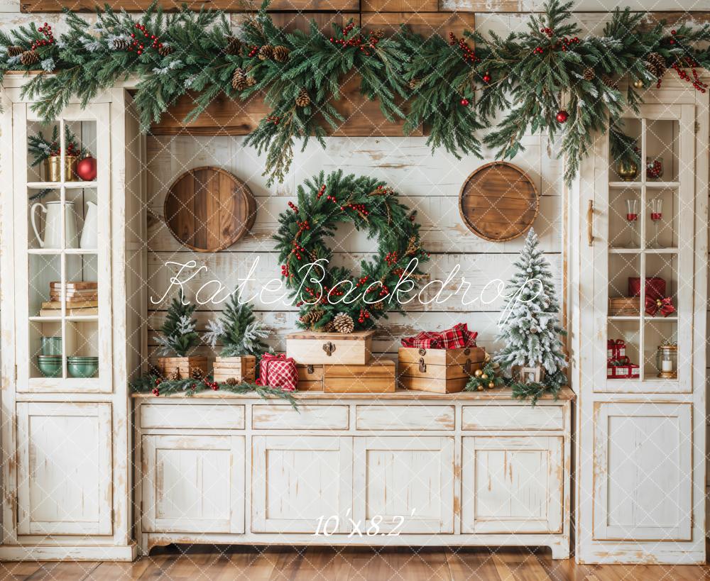 ⚡Blitzangebote #1-Kate Weihnachten Kranz Rustikal Weiß Kabinett Hintergrund - Kate Backdrop.de
