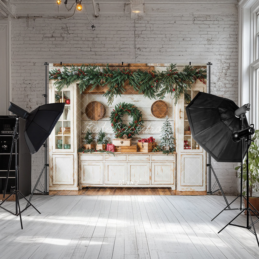 ⚡Blitzangebote #1-Kate Weihnachten Kranz Rustikal Weiß Kabinett Hintergrund - Kate Backdrop.de