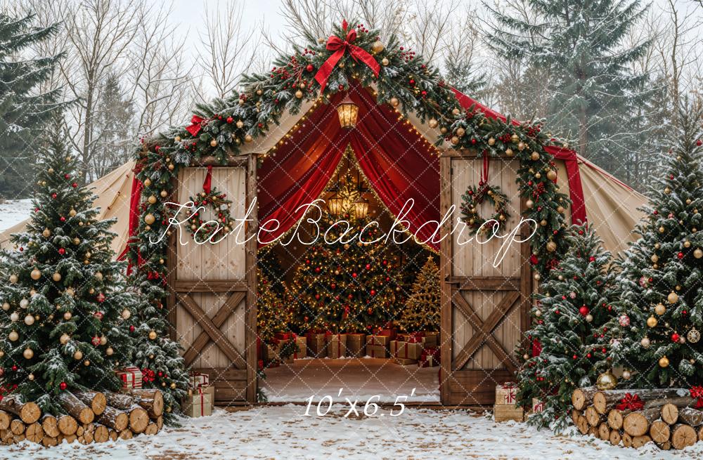 Kate Weihnachten Baum Scheune Bogen Schnee Wald Hintergrund entworfen von Emetselch - Kate Backdrop.de