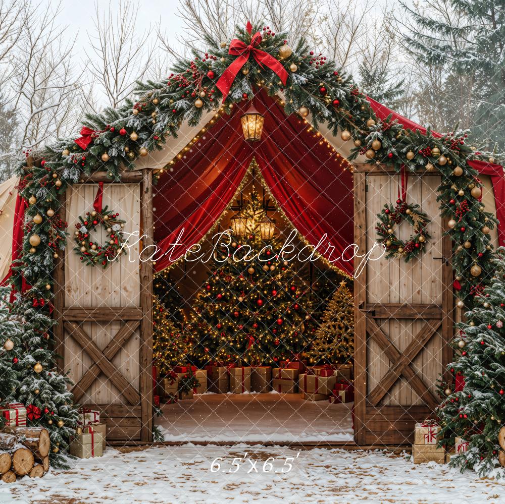 Kate Weihnachten Baum Scheune Bogen Schnee Wald Hintergrund entworfen von Emetselch - Kate Backdrop.de