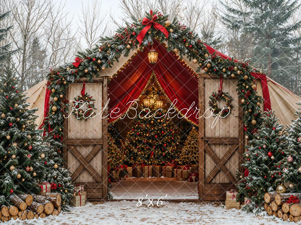 Kate Weihnachten Baum Scheune Bogen Schnee Wald Hintergrund entworfen von Emetselch - Kate Backdrop.de